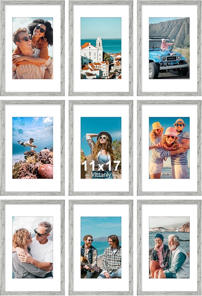 Vittanly 11x17 Picture Frames Set of 9, Shatter Resistant Plexiglass, Display 8x12 Pictures with Mat or 11x17 without Mat, Photo Frames for Wall Mount, Engineered Wood, Grey-Ruum Studio Home