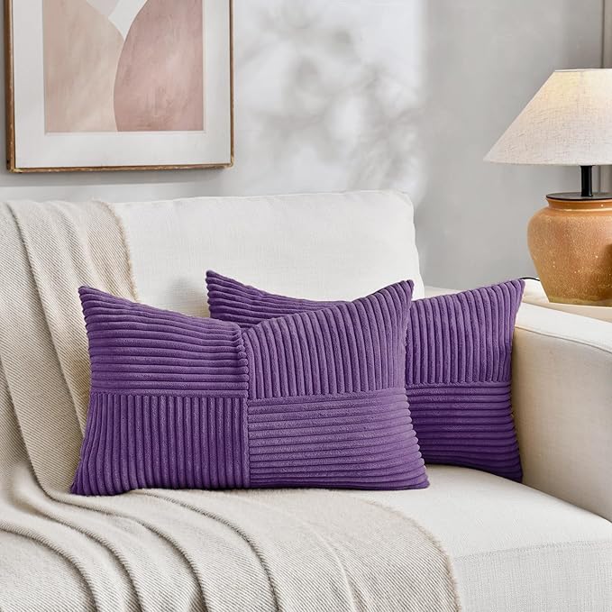 Fancy Homi 2 Packs Purple Long Lumbar Decorative Throw Pillow Covers 12x24 Inch for Living Room Couch Bed, Farmhouse Boho Home Decor, Soft Striped Corduroy Rectangle Accent Cushion Case 30x60 cm-Ruum Studio Home