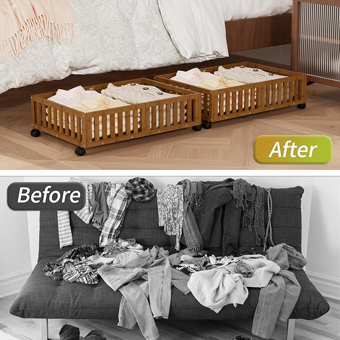 Bamboo Under Bed Storage with Wheels (2-Pack) – Rolling Underbed Shoe Organizer Box for Shoes, Blankets, Toys, Clothes Container Space-Saving Organizer Bins for Bedroom, Closet, Dorm, Nursery-Ruum Studio Home