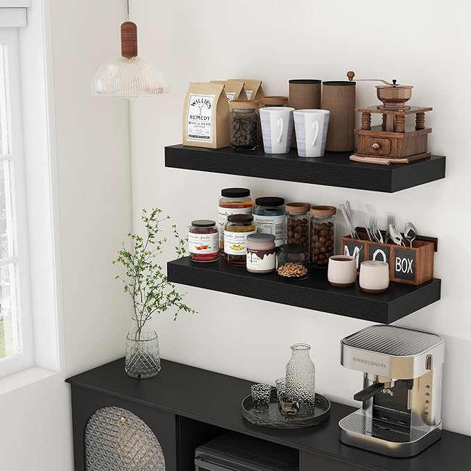 Deep Floating Shelves for Wall | 30W x 12D Black Floating Shelves Set of 2 | 12 Inch Deep Wall Shelves for Living Room Bathroom Laundry Room Bedroom Kitchen Home Office - Black-Ruum Studio Home