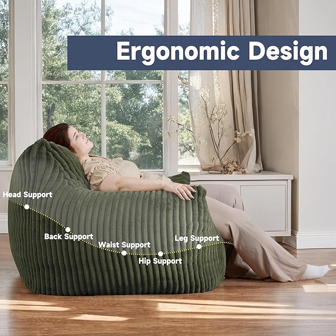 Oversized Bean Bag Chair for Adults, Giant Comfy Plush Boneless Bean Bag Couch with Filler for Kids - Reading Chair for Living Room, Bedroom & Dorm, Single Accent Chair Floor Lounger, Green-Ruum Studio Home