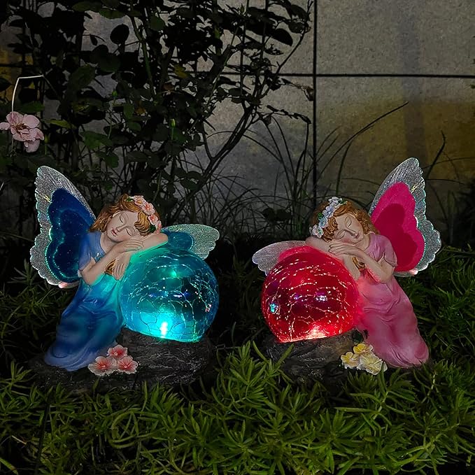 Fairy Garden Statue ，Solar Garden Decor ，Fairy Statue Outdoor with Glass Ball ，Waterproof Outdoor Decor，Suitable for Yard, Lawn ，Ideal for Holiday Giving（Blue）-Ruum Studio Home