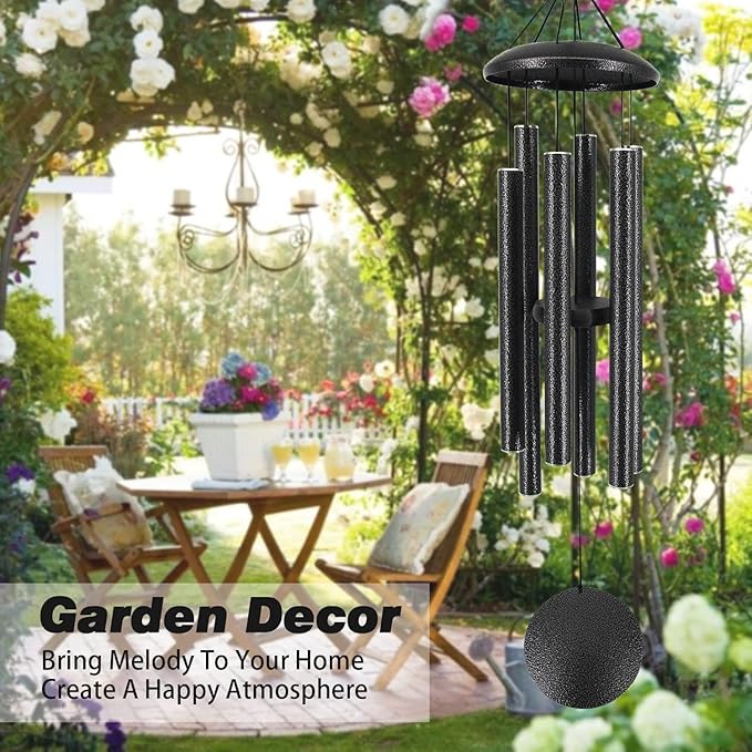 Sympathy Memorial Wind Chimes, 36' with 6 Metal Tubes, Outdoor Deep Tone for Garden, Christmas Hanging Decor - Black Grey-Ruum Studio Home