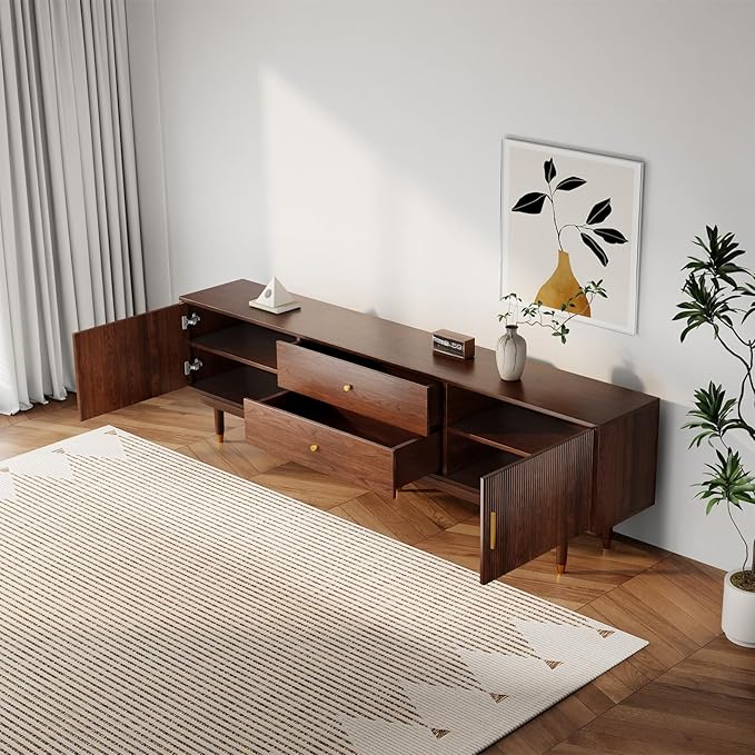 Mid Century Modern TV Stand for 75 inch TV, 70.9" Walnut TV Console with 2 Storage Cabinet & 2 Drawers, Entertainment Center, Media Console for Living Room/Bedroom-Ruum Studio Home