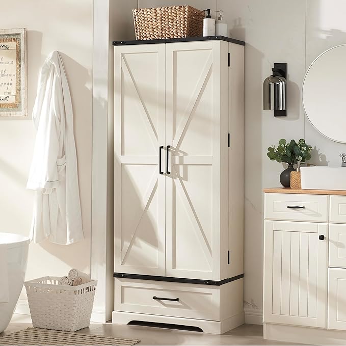 72" Farmhouse Kitchen Pantry Cabinet with Drawer, Tall Storage Cabinet with 2 Barn Doors and Shelves, Versatile Large Rustic Cupboard for Dining Room, Bathroom, Living Room, Laudry, White-Ruum Studio Home