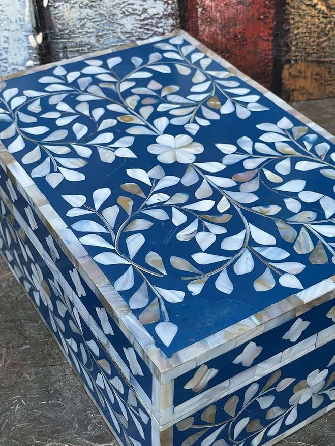Decorative Storage Box Of Mother Of Pearl Inlay Floral Design Wooden Storage Box For Home Decoration For Living Dining & Bedroom (Navy Blue_12x8x5 inch)-Ruum Studio Home