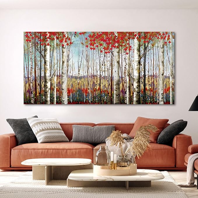 Canvas Wall Art for Living Room Bedroom Modern Wall Decor of Red Leaves White Birch Tree Forest Giclee Print Painting Artwork Wall Decoration 24x48 Large Size with Wood Framed Easy to Hang for Home-Ruum Studio Home