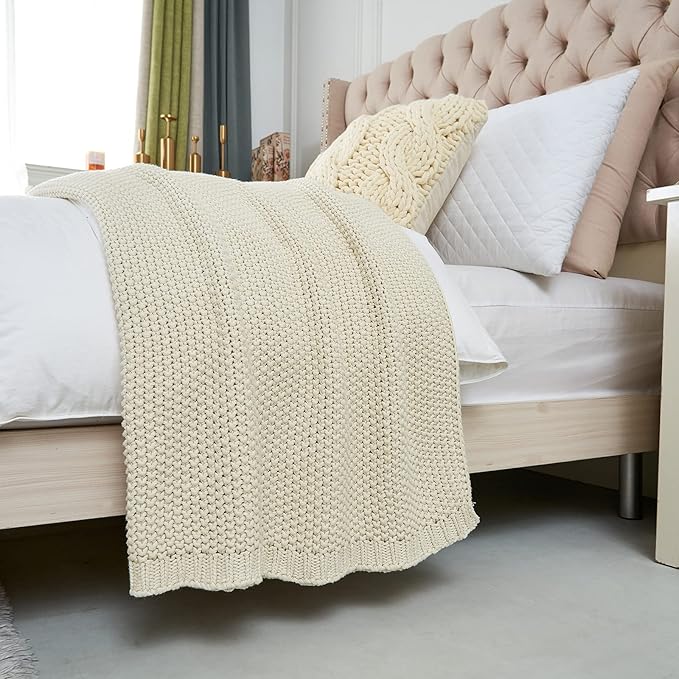 Longhui bedding Chunky Cable Knit Throw Blanket Lightweight Cream 100% Organic Cotton Blanket for Sofa Couch Bed Baby Nursery, Rustic Shabby Chic Modern Farmhouse, 60” x 80” Give Laundering Bag-Ruum Studio Home