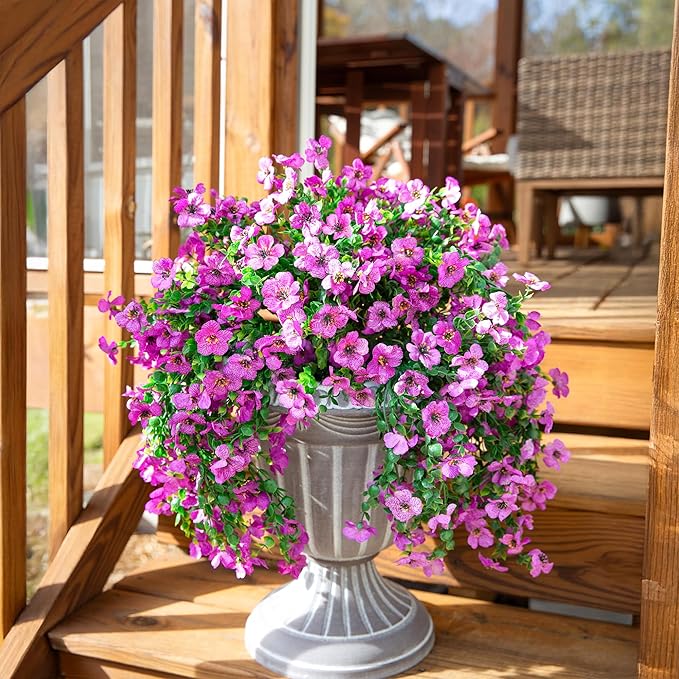 Artificial Faux Hanging Flowers Plants for Outdoor Decor, 2 PCS Outside Fake Silk Violets with Eucalyptus UV Resistant Realistic Daisy Trailing Vines for Planter Front Door Balcony Patio Yard, Purple-Ruum Studio Home