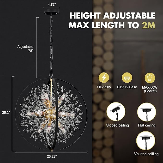 Modern Crystal Chandeliers Firework, 23.2'' Black Gold 12-Light Globe Dandelion Sputnik Chandelier, Hanging Pendant Lighting Fixture for Dining Room, Bedroom, Kitchen, Entryway, Foyer-Ruum Studio Home