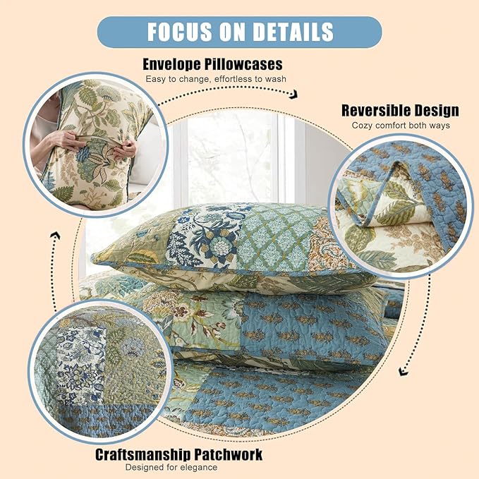 NEWLAKE Quilt Set California King Size, 100% Cotton Patchwork Green Bohemian Quilt Sets, Reversible Bedspread Lightweight and Breathable for All Seasons, Soft Quilted Bedspread with 2 Pillow Shams-Ruum Studio Home