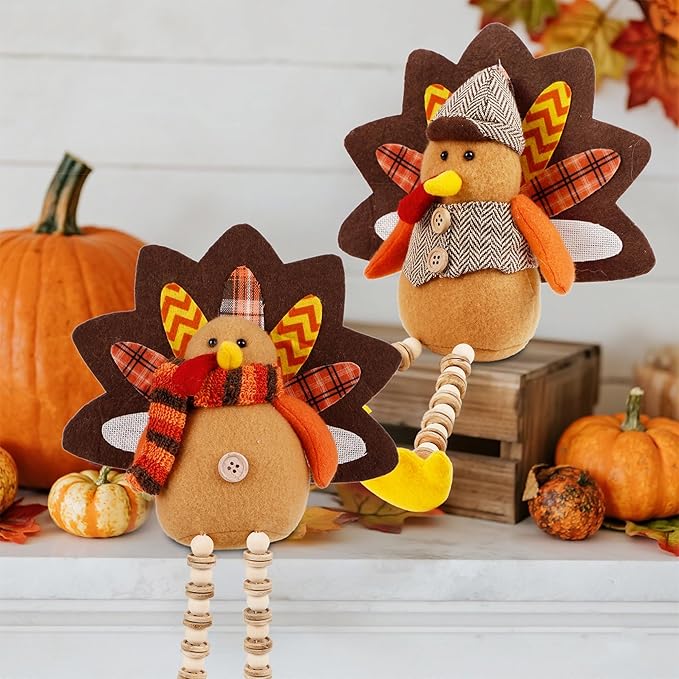 winemana Thanksgiving Decorations Set of 2 Turkeys with Dangling Legs, Mr and Mrs Turkey Couple Plush Tabletop Centerpieces for Fall Harvest Home Kitchen Shelf-Ruum Studio Home
