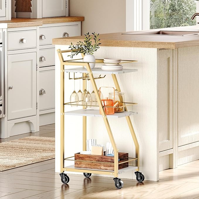 Bar Cart, Gold Bar Cart for The Home, Small Bar Cart on Wheels, Beverage Cart, Home Bar Serving Cart with Glass Holder, Drink Cart for Bar, Kitchen, Dining, Marble White and Gold BC03DW-Ruum Studio Home