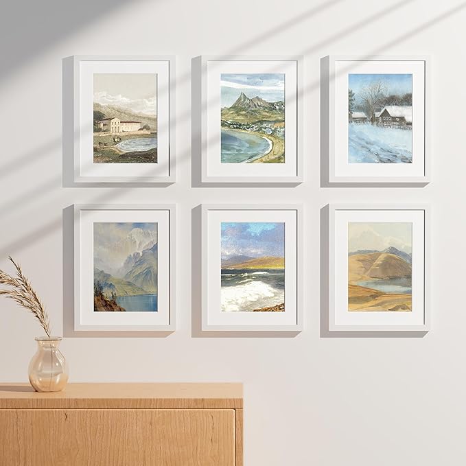 Vittanly 11x14 Picture Frames Set of 9, Shatter Resistant Plexiglass, Display 8x10 Pictures with Mat or 11x14 without Mat, Photo Frames for Wall or Tabletop, Engineered Wood, White-Ruum Studio Home