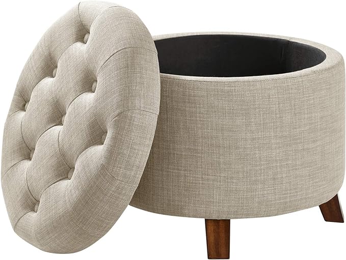 Amazon Basics Round Linen Ottoman with Storage, Tufted Upholstered Footstool for Living Room and Bedroom, 20" x 17", Linen Burlap Beige-Ruum Studio Home