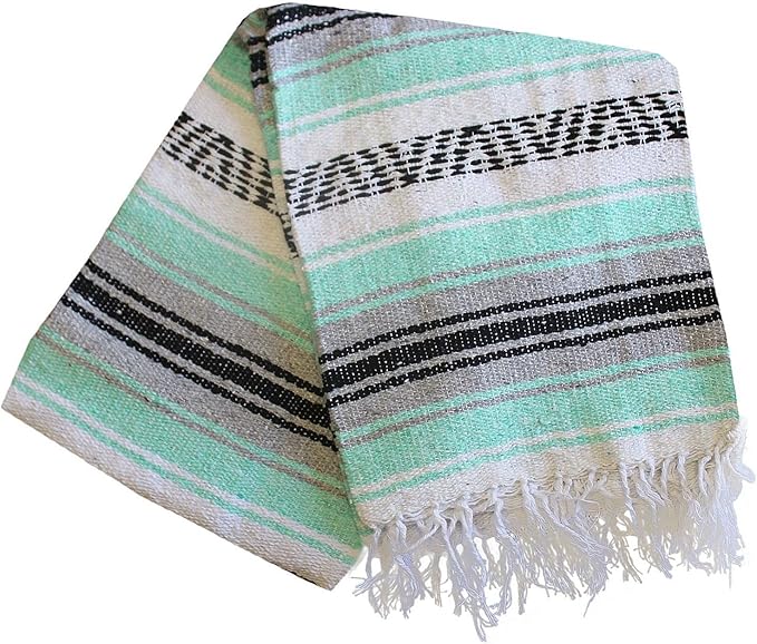 Del Mex Classic Mexican Blanket, Large Authentic Woven Falsa Throw (70"x50"), Artisan Southwest Décor for Beach, Yoga, Outdoors (Mint/Gray)-Ruum Studio Home