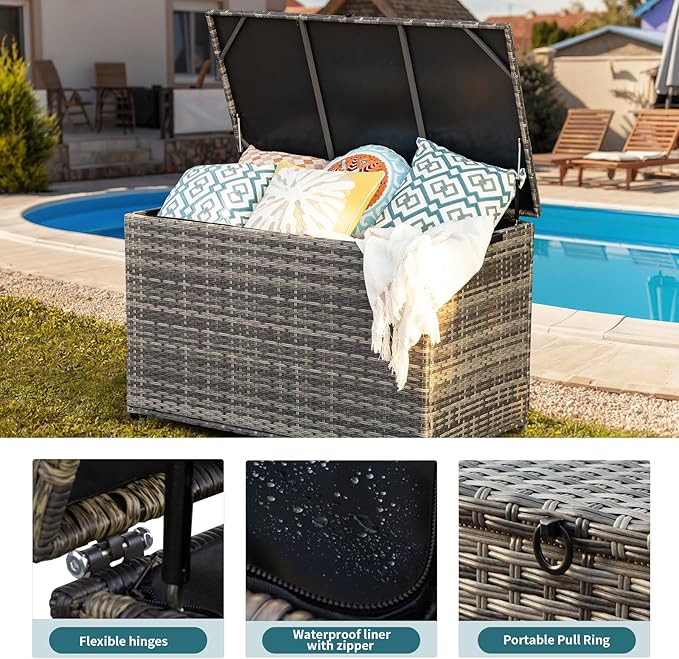 178 Gallon Outdoor Storage Box, Patio Deck Box with 2 Wheels, Handle Large Portable Wicker Rattan Deck Box for Patio Furniture Cushions, Throw Pillows, Garden Tools and Pool Floats (Gray)-Ruum Studio Home