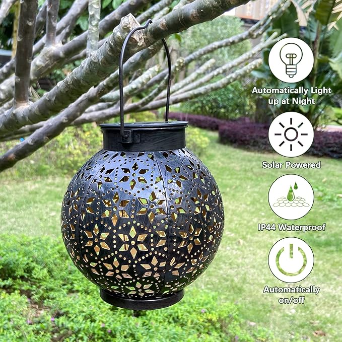 2 Pack Outdoor Solar Lantern Lights, Waterproof Tabletop LED Moroccan Lanterns, Hanging Metal Decorative Garden Lights for Patio, Lawn, Porch, Backyard-Ruum Studio Home