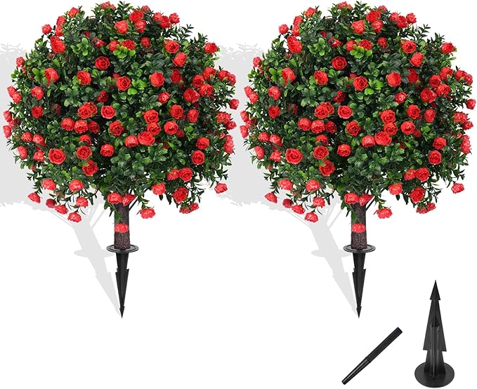 Artificial Boxwood Topiary Tree with Rose, Set of 2 Artificial Shrub Bushes with Ground Spike, Fake Evergreen Tree for Porch, Artificial Plants for Outdoor Planters Indoor UV Resistant-Ruum Studio Home