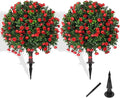 Artificial Boxwood Topiary Tree with Rose, Set of 2 Artificial Shrub Bushes with Ground Spike, Fake Evergreen Tree for Porch, Artificial Plants for Outdoor Planters Indoor UV Resistant-Ruum Studio Home