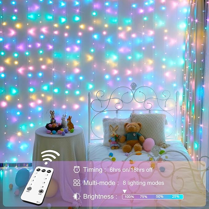 JMEXSUSS 300LED Easter Decorations Curtain Lights with Remote, 9.8x9.8ft Easter Sting Lights Plug in for Bedroom Wall Window Party Backdrop Porch Patio Garden Yard Indoor Outdoor Decor-Ruum Studio Home