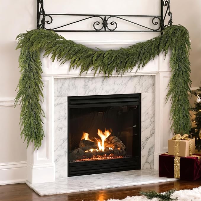 9FT Christmas Norfolk Pine Garland -2PCS, Artificial Pine Needles Garlands Faux Greenery Fake Garland for Holiday Fireplace,Table,Window,Stairs,Mante,Indoor Outdoor Decor-Ruum Studio Home