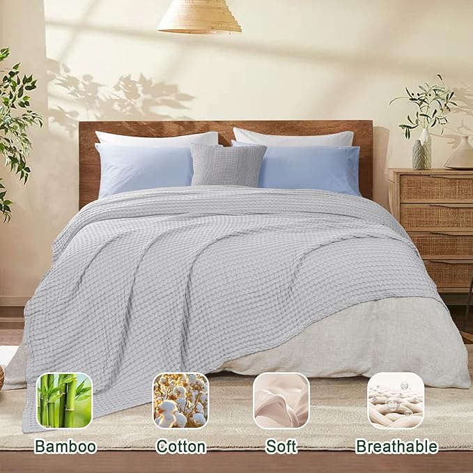 PHF Cooling Waffle Blanket Twin Size, Lightweight 60% Rayon Derived from Bamboo & 40% Cotton Breathable Blanket for Hot Sleepers, Ultra Soft and Luxury for Bed Couch and Sofa, 66"x90", Grey-Ruum Studio Home