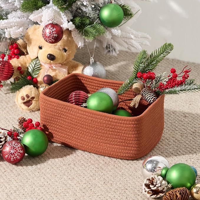 Small Storage Baskets for Organizing | Closet Organizer Bins | Shelf Toy Basket | Woven Rope Baskets | Cube Decorative Box | Shallow Basket | 11.5x7.5x4.7” | 3 Packs Oxide Red-Ruum Studio Home