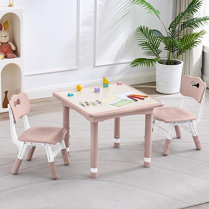 Kids Table and 2 Chairs Set, Height Adjustable (17.7"-26.1") Toddler Table and Chair Set, Multi-Activity Table with Graffiti Desktop, Children’s Table and Chairs for Classroom, Home & Daycare-Ruum Studio Home