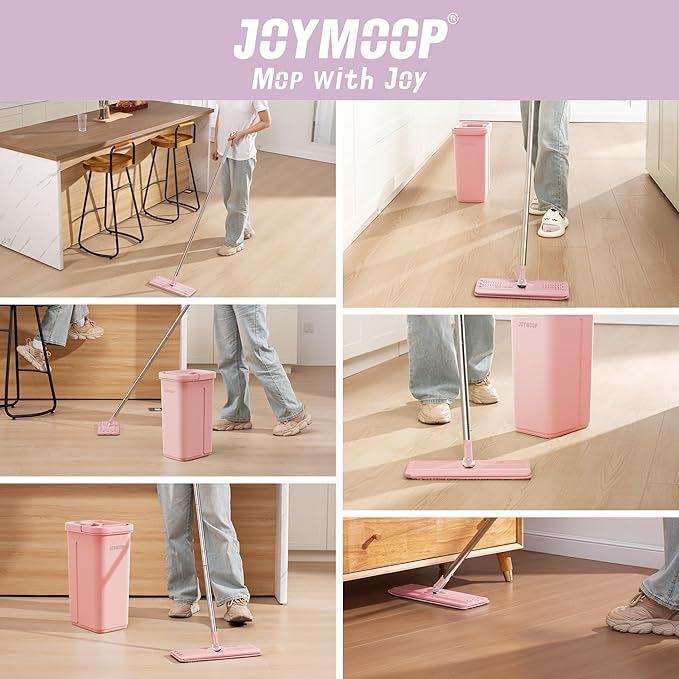 JOYMOOP Pink Mop and Bucket with Wringer Set for Home, with 5 Reusable Microfiber Mop Pads, Hands-Free Self-Cleaning System, Suitable for Floor Cleaning and Wall Cleaner-Ruum Studio Home
