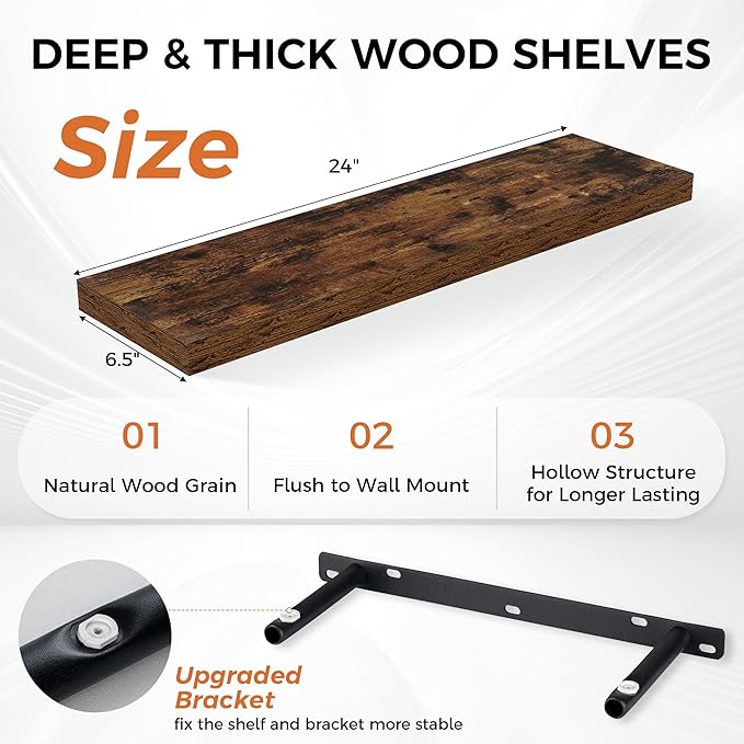 Fun Memories Floating Shelves for Wall, 24" Rustic Wood Deep Wall Mounted Shelves with Invisible Brackets for Decor & Storage, Floating Shelf for Living Room, Bathroom (Rustic Brown, Set of 2)-Ruum Studio Home