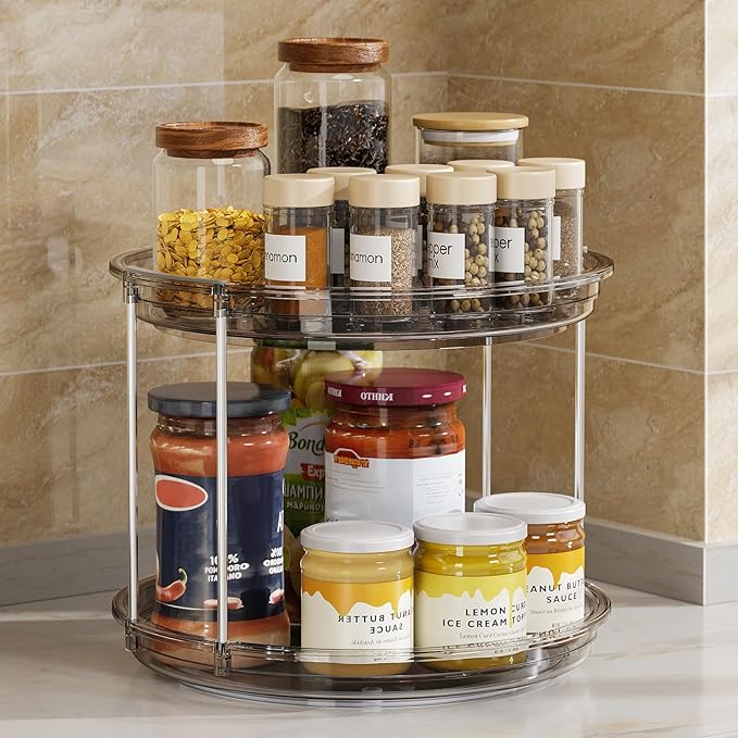 LAMU 2 Pack 2 Tier Lazy Susan Turntable Organizer 9.25'' Rotating Spice Rack Organization for Cabinet, Kitchen, Pantry, Countertop, Bathroom, Vanity, Medicine Cabinet Organizer, Grey-Ruum Studio Home