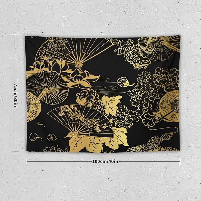 HZOHNAGO Japanese Tapestry Gold Flowers Umbrella Fan Pattern Printed Wall Tapestry Painting Wall Hanging for Bedroom Living Room Dorm 40" W x 30" H-Ruum Studio Home