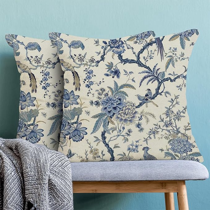 CXMEIFLY Spring Floral Birds Pillow Covers 24 x 24 Inch Set of 2 for Chinoiserie Flowers Decor Throw Pillows Blue and White Plant Outdoor Decorative Cushion Cases for Couch Bed Decorations-Ruum Studio Home