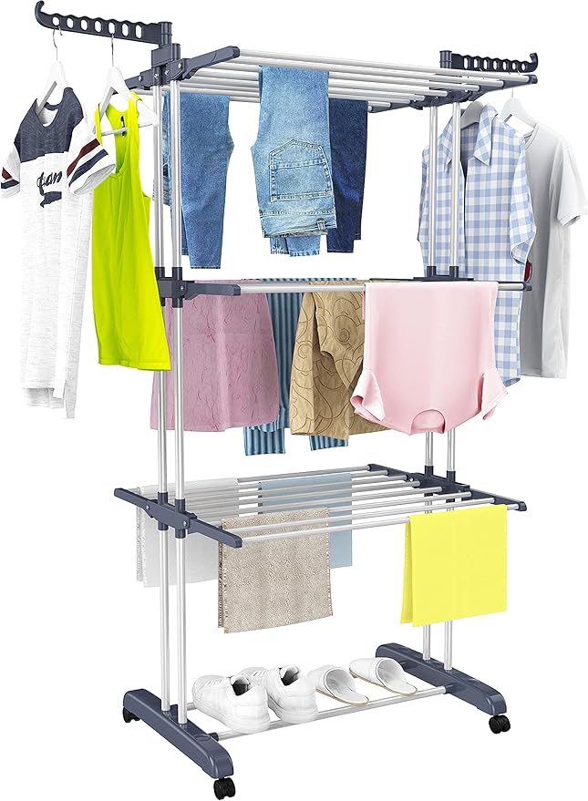 HOMIDEC Clothes Drying Rack, Oversized 4-Tier(67.7" High) Foldable Stainless Steel Drying Rack Clothing, Movable Drying Rack with 4 castors, 24 Drying Poles and 14 Hooks for Bed Linen, Clothing, Grey-Ruum Studio Home