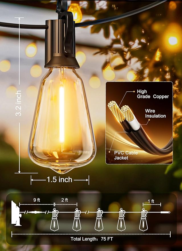 Brightown Solar String Lights Outdoor Waterproof 75FT with 35 Shatterproof ST38 LED Bulbs, 2700K Solar Lights Outdoor with Remote, Solar String Lights for Outside, Camping, Yard, Party Decor-Ruum Studio Home