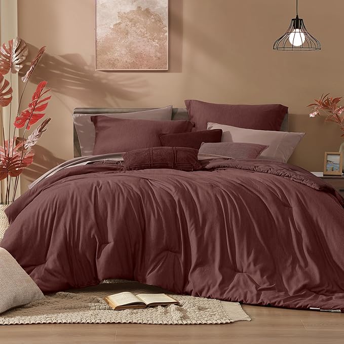 Monbix Full Size Comforter Set, Dark Red Bedding Comforter for Full Size Bed Set Reversible, Bedding Sets Full 7 Pieces, Cationic Dyeing Bed in a Bag with Comforter, Sheets, Pillowcases & Shams-Ruum Studio Home