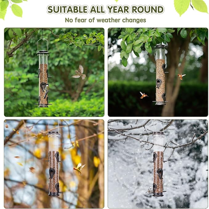 MIXXIDEA 2PK Metal Wild Bird Feeder Squirrel Proof Bird Feeders for Outside Hanging 6 Port Tube Bird Feeder Transparent Finch Feeder with Steel Hanger (Coffee)-Ruum Studio Home