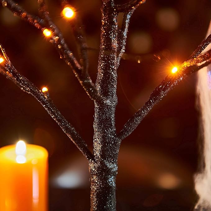 LITBLOOM Lighted Spooky Halloween Tree with Timer Battery Operated or USB Plug in, Pre-lit Black Glittered Tabletop Tree with Orange Lights 24L 18IN for Halloween Home Party Decoration Indoor-Ruum Studio Home