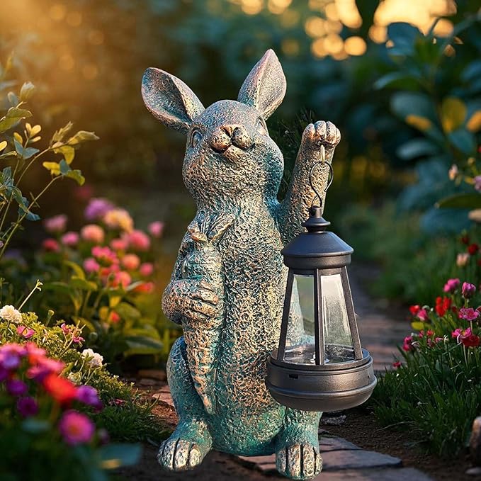 Solar Garden Statues -Rabbit Lantern Outdoor Handmade Resin Statue with LED Light, Cute Carrot Holder for Patio, Yard, Gift Ideas (rabbit2)-Ruum Studio Home
