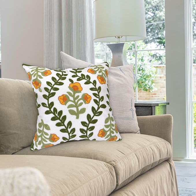 Alysheer Floral Embroidered Summer Decorative Throw Pillow Covers 18"x 18" Set of 2, Farmhouse Cottage Orange Flowers Green Leaves Knit Patterned Cotton Canvas Cushion Case for Couch Bed Living Room-Ruum Studio Home