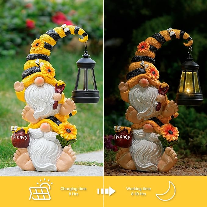 Solar Bee Garden Gnomes with LED Lantern – Waterproof Stacked Outdoor Decor for Yard, Patio – Unique Gnome Gift for Mom, Grandma, Women (Weatherproof Resin Outdoor Statues)-Ruum Studio Home
