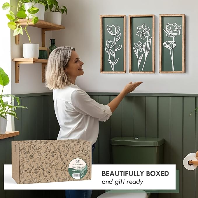 3D Floral Green Wall Art (Set of 3) Lightweight, Wooden Ready-to-Hang Boho Framed Wall Art for Bathroom, Master Bedroom, Living Room or Office - Premium Sage Green Farmhouse Decor - Gift-Boxed-Ruum Studio Home