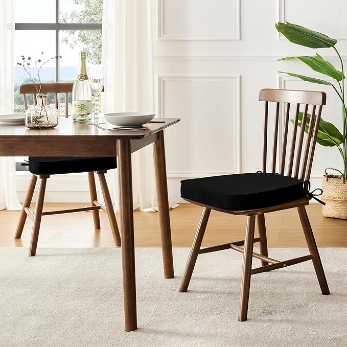 downluxe Chair Cushions for Dining Chairs, Waterproof Kitchen Chair Pads, Non-Slip Dining Seat Cushion with Ties, 17" x 16" x 2.5", Black, 4 Pack-Ruum Studio Home