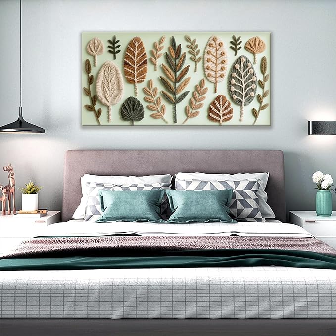 Boho Wall Art Chic Home Wall Art Modern Multicolor Painting Prints Leaves Feather Green Canvas Wall Art Decor For Living Room Bedroom Apartment Kitchen 24"W X 48"L Ready To Hanging-Ruum Studio Home