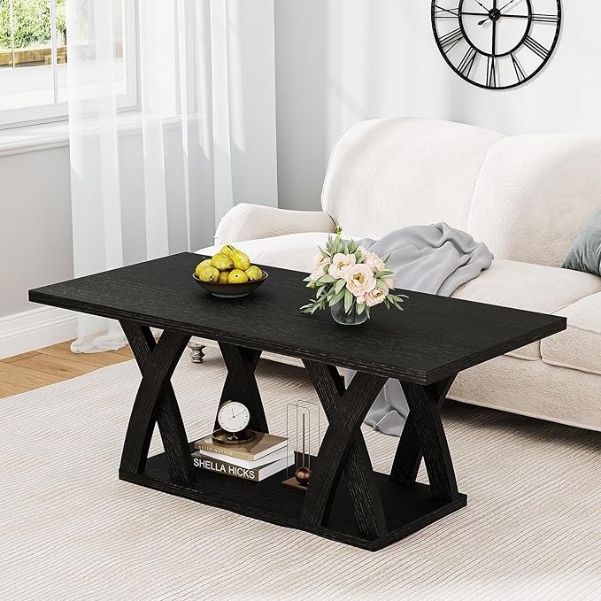 47” Wood Coffee Tables for Living Room Rustic Stands with Storage Shelf Black Coffee Tables for Living Room Farmhouse Center Stands with Shelf Farmhouse Rectangle Center Table-Ruum Studio Home