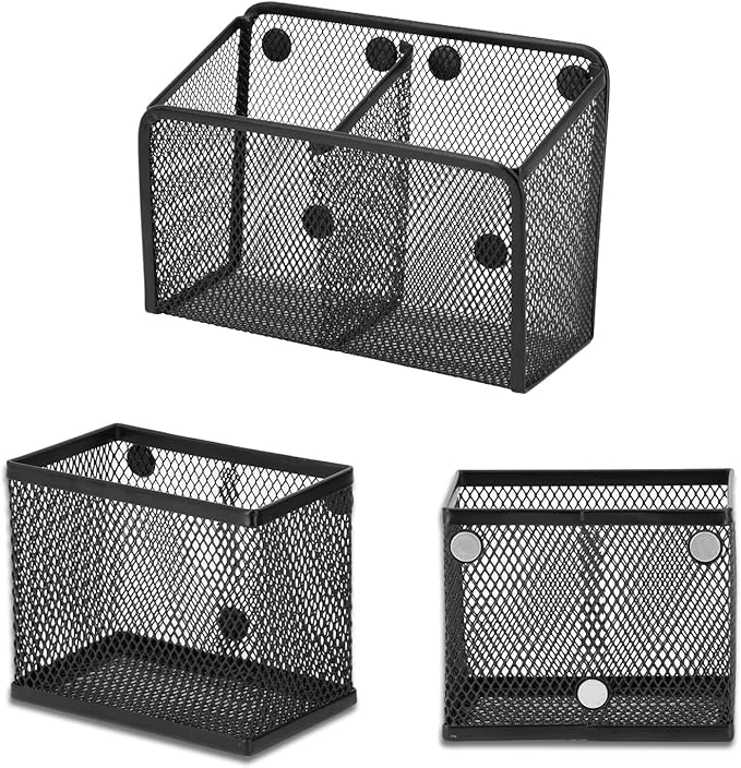 Neudeco Locker Shelf Organizer, Magnetic Pencil Holder, Metal Storage Basket for Whiteboard, Refrigerator, Ideal Cabinet for School, Black (Pack 3L)-Ruum Studio Home