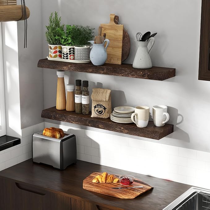 Solid Elm Wood Floating Shelves, 36 Inch Wood Floating Shelves for Wall, Live Edge Wooden Shelves Wall Mounted for Books, Bathroom, Kitchen, Walnut Color, Set of 2-Ruum Studio Home