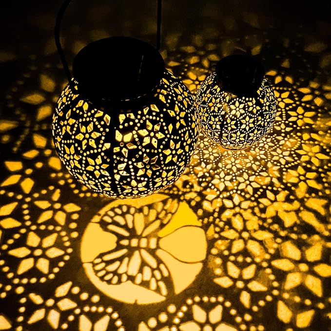 2 Pack Outdoor Solar Lantern Lights, Waterproof Tabletop LED Moroccan Lanterns, Hanging Metal Decorative Garden Lights for Patio, Lawn, Porch, Backyard-Ruum Studio Home