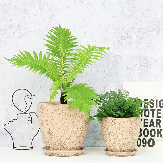 8 Inch + 6 Inch Retro Ceramic Planter Set of 2 with Drainage Hole and Saucer for Multiple Plants, Indoor-Outdoor Garden Pots for Succulent, Orchid, and Flower (Retro Peach)-Ruum Studio Home